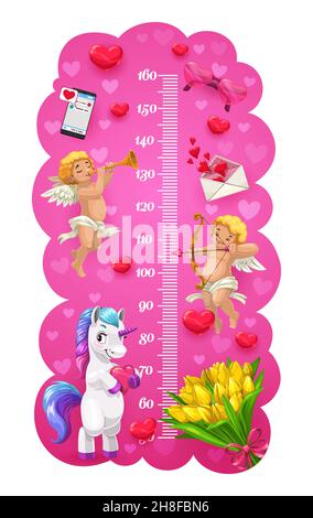 Cupids Einhorn und Liebe Herzen Kinder Höhendiagramm mit Ballons und Engel, Cartoon-Vektor. Kinder-Höhendiagramm oder Baby-Maßskala mit Engeln, unicor Stock Vektor