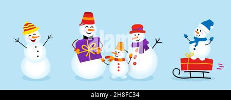Satz von Winterferien Schneemann. Fröhliche Weihnachten Schneemänner. Die Schneemann Familie mit Geschenken. Stock Vektor
