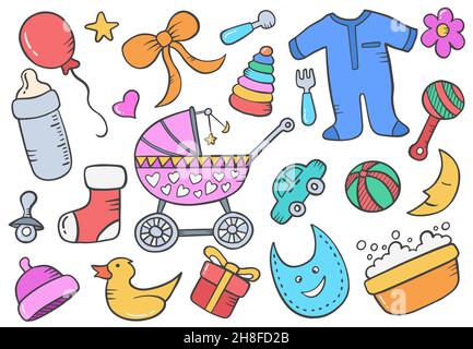 Baby Kids neu geboren Doodle Konzept mit handgezeichneten Skizze Stil und farbigen Stil Vektor-Illustration Stockfoto