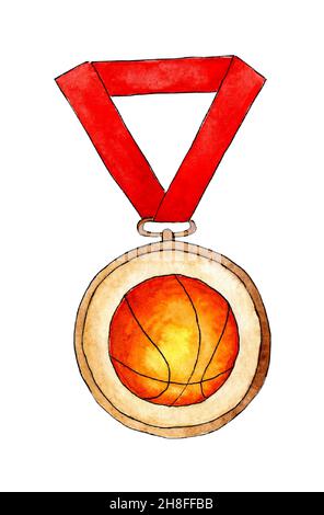 Aquarell Illustration Medaille Auszeichnung Basketball. Goldmedaille mit einer orangen Kugel, auf einem roten Band. Trophäe, Preis, Sieg, Wettkampf, Sport, champions Stockfoto