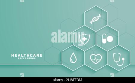 Gesundheitswesenhintergrund mit medizinischen Symbolen in sechseckigem Rahmen Stock Vektor