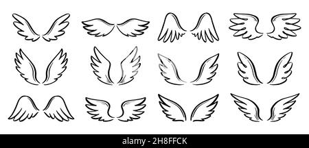 Angel Doodle Flügel Set. Handgezeichneter Flügel im Skizzenstil. Vektorgrafik Vogelfeder, Engel Konzept. Bleistiftlinie zeichnen. Stock Vektor