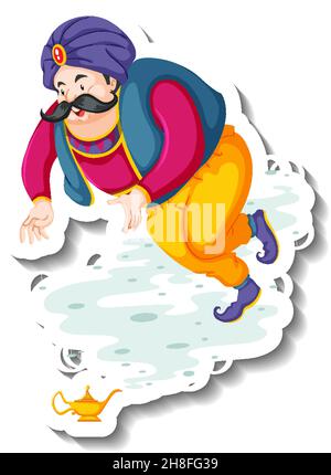 Genie kommt aus der magischen Lampe Cartoon Charakter Aufkleber Illustration Stock Vektor
