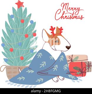 Weihnachtskarte mit einem Bullterrier-Hund in einem Karo in der Nähe des Weihnachtsbaums. Vektor-Grußkarte im flachen Stil mit Schriftzug Frohe Weihnachten. Stock Vektor