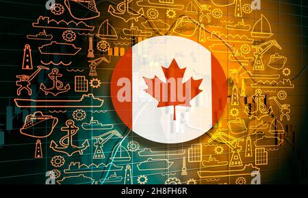 Konzept des Seehafens. Symbole für Frachtschiffe oder Schiffe. Seeverkehr. Designvorlage für Broschüren, Berichte oder Abdeckungen. Flagge von Kanada im Zentrum von Stockfoto