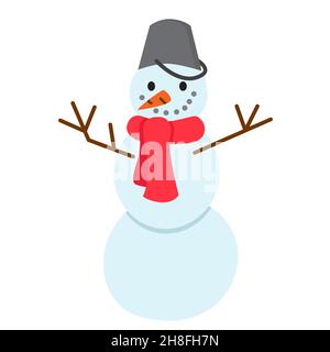 Lustige Cartoon Schneemann mit Schal und Eimer auf dem Kopf. Niedliche Vektor-Illustration in flachem Stil. Druck zu Weihnachten und Winterferien. Abbildung für Stock Vektor