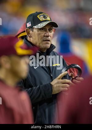 29. November 2021: Ron Rivera, Cheftrainer des Washington Football Teams, während des NFL-Spiels der regulären Saison zwischen den Seattle Seahawks und dem Washington Football Team auf dem FedEx Field in Landover, Maryland Fotograf: Cory Royster Stockfoto