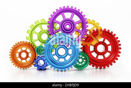 Bunt verbundene Zahnräder in Bewegung bilden eine Wolkenform. 3D Abbildung. Stockfoto