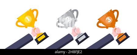 Hände halten Gold, Silber und Bronze Award Pokal Pokal Set Stock Vektor
