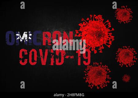 Ein neuer Stamm des Coronavirus Covid-19 namens Omicron und die Flagge Taiwans. Konzept der neuen Variante Omicron Virus aus Afrika Stockfoto