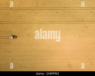 Traktor sprühen Ernten in Feld, Luftaufnahme von Drone pov Stockfoto