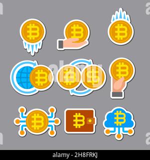 Illustration der bunten Sticker Blockchain und Cryptocurrency Bitcoin Stock Vektor
