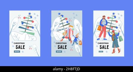 Weihnachten und Neujahr Verkauf Onboarding Bildschirm-Kit, flache Vektor-Illustration. Stock Vektor