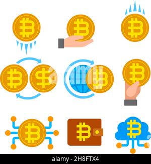 Illustration des bunten flachen Icon-Sets von Blockchain und Cryptocurrency Bitcoin Stock Vektor