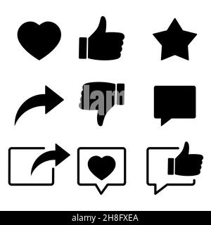 Sammlung von Social-Media-Symbolen, die soziale Interaktion symbolisieren und „Gefällt mir“-Angaben machen, Daumen hoch“-Schaltflächen. Wie Symbol, Herz und Share-Zeichen. Vektor isoliert Stock Vektor
