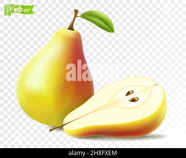 Birne ganz und halb für Bio-Lebensmittel Vector3d realistisches, Getränk Produktdesign. Frische süße Früchte voller Vitamine für eine gesunde Ernährung, Ernährung. Natürliche PR Stock Vektor