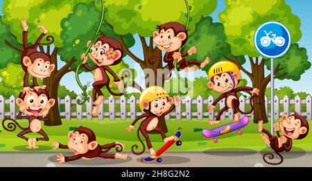 Kleine Affen spielen am Park Illustration Stock Vektor