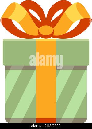 Grüne Geschenkbox in gestreiftem Geschenkpapier mit goldener Schleife. Geschenksymbol Stock Vektor