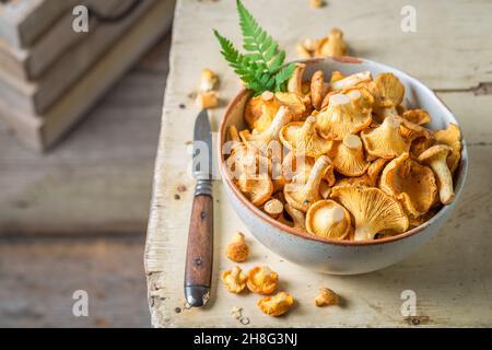 Essbare Pilze frisch gepflückt. Edle und gelbe Pilze. Rustikale Küche. Stockfoto