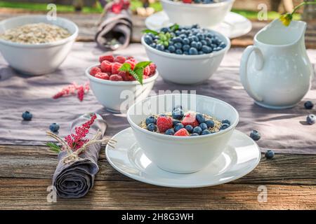 Leckeres Frühstück mit Müsli und Beeren. Flocken, Beeren und Milch. Gesundes und leckeres Frühstück. Stockfoto