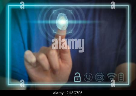 Biometrische Fingerabdruck-Digital-Scan-Technologie. Ein Finger mit Scan-Identifizierung. Konzept der digitalen Sicherheit. Stockfoto