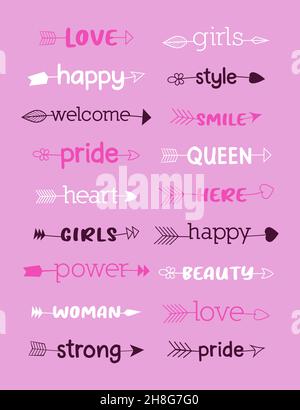 Handgezeichnete bunte Mädchen Wörter in Pfeilen. Verschiedene Stile und Farben. Stock Vektor