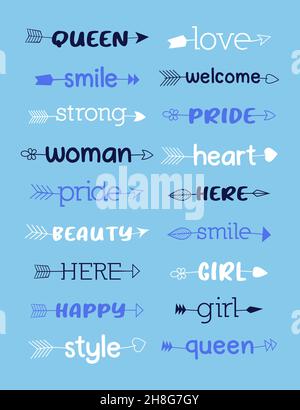 Handgezeichnete bunte Mädchen Wörter in Pfeilen. Verschiedene Stile und Farben. Stock Vektor