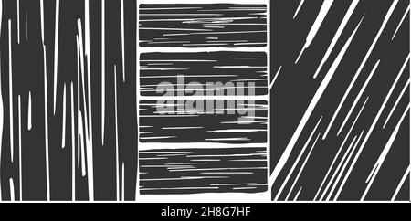 Drei verschiedene schwarz-weiße Textur Holzvektoren. Horizontal, Vertikal und Diagonal. Stock Vektor