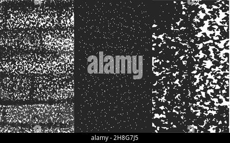 Drei verschiedene Schwarz-Weiß-Texturvektoren. Camouflage, gestipelt und Grunge Hintergrund Illustration. Stock Vektor