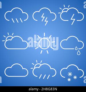 Lineare klassische Wettersymbole. Saisoninformationen heißer, sonniger Tag, bewölkt, regnerisch oder verschneit, eisverkrusteter Boden. Grafikpaket mit einfachen Umrisselementen für Stock Vektor