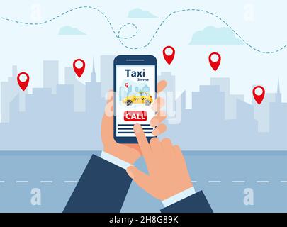 Mobile Taxi-App-Vorlage. Smartphone mit Stadt gelben Auto. Online mobile Anwendung bestellen Taxi-Service. Vektor-Illustration für Taxi-Service EPS 10 Stock Vektor