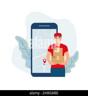 Vektorgrafik, Online Delivery Service Concept, zeigt einen Lieferer, der ein Paket an den Kunden sendet. Eps 10 Stock Vektor