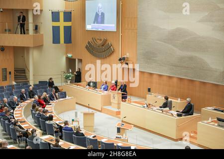 Schwedens erste weibliche Premierministerin Magdalena Andersson kehrt nach dem Rücktritt zurück. Schwedens erste Premierministerin wurde erneut in den Spitzenjob berufen, nachdem sie aufgrund politischer Unruhen innerhalb von Stunden nach ihrem Amtsantritt in der vergangenen Woche zum Rücktritt gezwungen wurde. 30. November 2021. Foto von Ninni Andersson/Regeringskansliet/Stella Pictures/ABACAPRESS.COM Quelle: Abaca Press/Alamy Live News Stockfoto