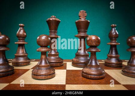 Holzschach als kleine Landschaft kleine Stücke auf grünem Hintergrund. Stockfoto