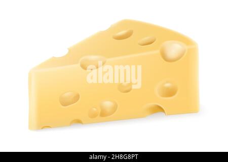 Volumetrisches Stück Käse mit Löchern, isolierte Abbildung auf weißem Hintergrund. Realistischer 3D-Vektor. Emmental- oder Cheddar-Hartkäse-Scheibe, Triangu Stock Vektor
