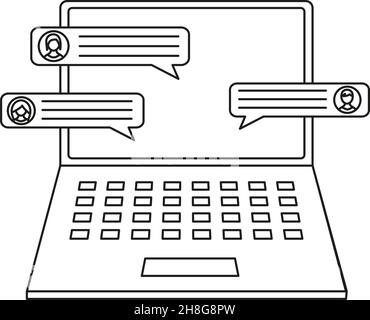 Laptop mit Online-Chat-Umriss isoliert auf weißem Hintergrund EPS 10 Stock Vektor