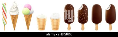 Set aus Eis in einem Waffelkegel und Eiszapfen isoliert auf weißem Hintergrund. Realistischer 3D-Vektor Stock Vektor