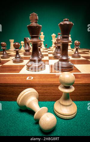 Königliches Schach mit weißen und schwarzen Schachfiguren auf grünem Hintergrund. Stockfoto