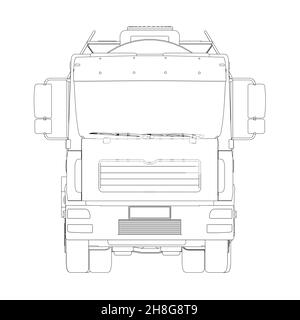 Kontur eines Tankwagens für den Transport von Benzin aus schwarzen Linien isoliert auf weißem Hintergrund. LKW mit einem Tank für den Transport von Waren. Stock Vektor