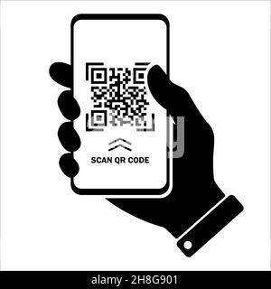 Scannen Sie das flache QR-Code-Symbol mit dem Telefon. Strichcode. Die Hand hält das Smartphone. Vektorgrafik. Stock Vektor