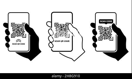 Scannen Sie das flache QR-Code-Symbol mit dem Telefon. Strichcode. Die Hand hält das Smartphone. Vektorgrafik. Stock Vektor