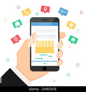 Die Hand hält das Smartphone. Symbole, Emojis, Textnachrichten und Benachrichtigungen werden vom Bildschirm ausgeblendet. Kommunikations- und Social-Networking-Konzept, auf weißem Backgro Stock Vektor