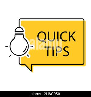 Quick Tips Abzeichen, Bannervektor mit Glühbirne und Sprechblase auf weißem Hintergrund isoliert. Stock Vektor