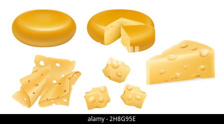 Satz Käsescheiben und Scheiben isoliert auf weißem Hintergrund. Lebensmittelobjekt, realistischer 3D-Vektor. Käsekopf, Würfel und Stücke Hartkäse isoliert Stock Vektor