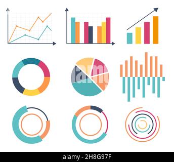 Geschäftsdaten Marktelemente Punktbalken Kreisdiagramme und Diagramme flache Symbole setzen isolierte Vektor-Illustration. Eps 10 Stock Vektor