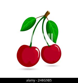 Kirsche. Kirschen auf einem Zweig mit Blättern, saftige Beerenvektordarstellung, isoliert auf weißem Hintergrund. Vegetarische Bio-Lebensmittel, Vektor Flat-Design Stock Vektor