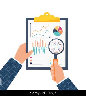 Geschäftsmann Hände mit Lupe Analyse Papier Blatt, Rechner, Stift. Auditing Steuer, Finanzmarktanalyse, seo, Finanzbericht EPS 10 Stock Vektor
