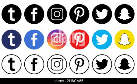 Vinnitsya, Ukraine- 24. Januar 2021: Set der beliebtesten Social-Media-Icons: Tumblr, Facebook, Instagram, Pinterest, Twitter, Snapchat. Stock Vektor