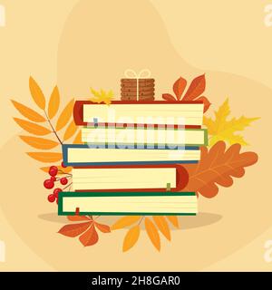 Stapel von Büchern mit Herbstblättern auf weißem Hintergrund. Website-Seite, Design für mobile Apps oder Poster. Vektorgrafik in flacher Ausführung Stock Vektor