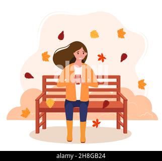 Herbstlandschaft. Das Mädchen sitzt auf einer Bank mit Kaffee. Herbsthintergrund. Vektorgrafik im flachen Stil. EPS 10 Stock Vektor